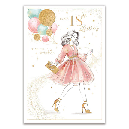 18th Birthday Card for Girls - Age 18 Stylish Girl & Balloons Design - Embossed Gold Foil Finish - Premium Greeting Card with Envelope