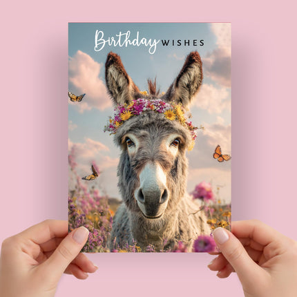 Birthday Card for Her, Cute Donkey & Flower Crown Design