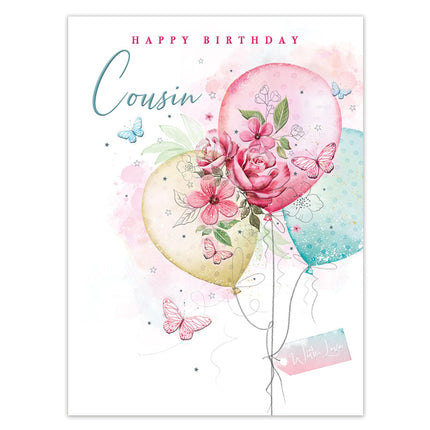 Birthday Card for Cousin - Elegant Floral Balloons Design with Embossed Foil Finish, Eco-Friendly & Made in the UK