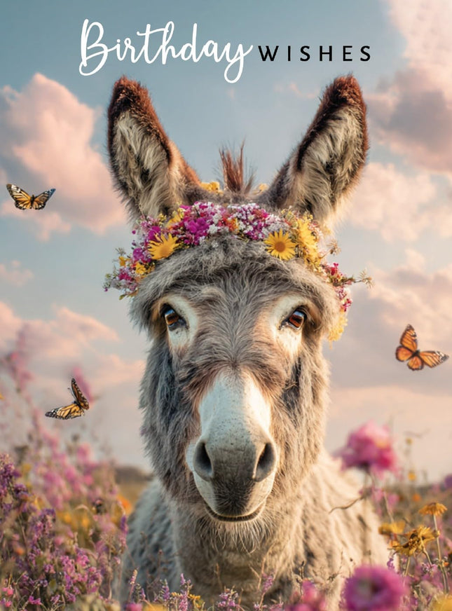 Birthday Card for Her, Cute Donkey & Flower Crown Design