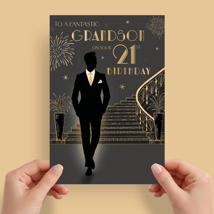 Birthday Card for Fantastic Grandson 21st, Modern Art Deco Design