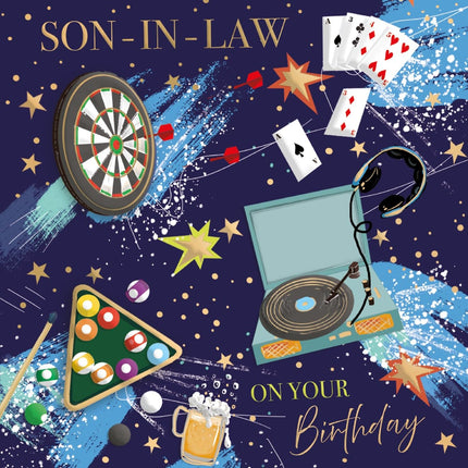 Birthday Card for Son-In-Law - Fun Sports & Music Design - Embossed Gold Foil Finish - Premium Greeting Card with Envelope - Eco-Friendly & Recyclable