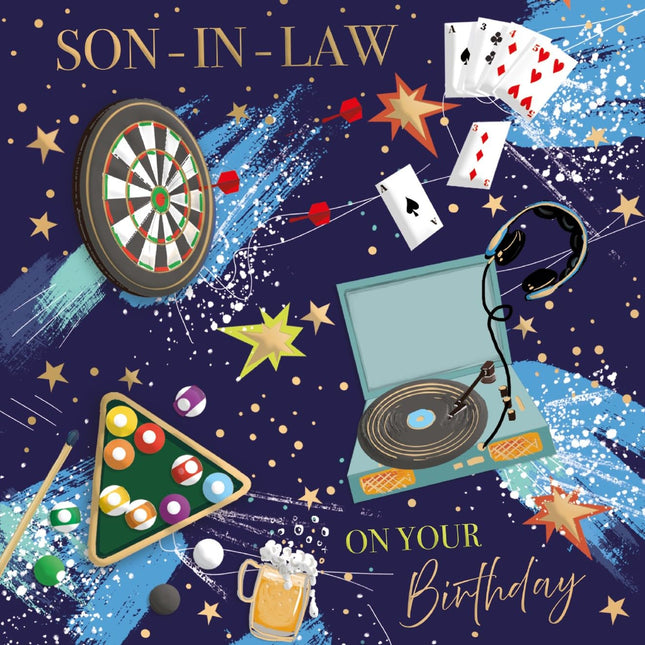 Birthday Card for Son-In-Law - Fun Sports & Music Design - Embossed Gold Foil Finish - Premium Greeting Card with Envelope - Eco-Friendly & Recyclable