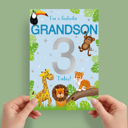 3rd Birthday Card for Fantastic Grandson, Jungle Animals Design