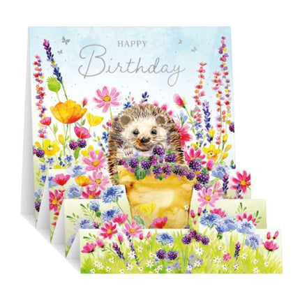 Pop Up Birthday Card for Her - Adorable Floral Hedgehog Scene - 3D Fold-Out Design - Happy Birthday Card for Women - Embossed Foil Finish