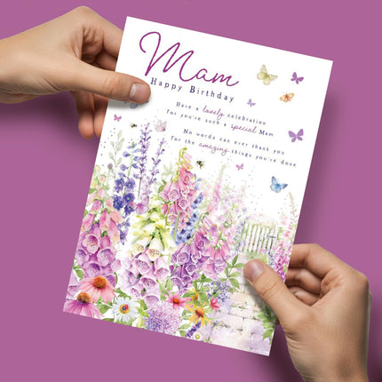 Birthday Card for Mam - Pretty Floral Butterflies Design - Premium Greeting Card with Envelope