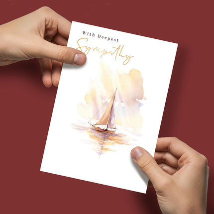 Deepest Sympathy Card - Serene Sailing Boat Design - Embossed Gold Foil Finish - Thinking of You Premium Greeting Card with Envelope