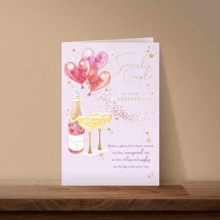 Anniversary Card for Special Couple - Romantic Fizz & Love Hearts Design - Gold Foil Finish - Premium Greeting Card with Envelope