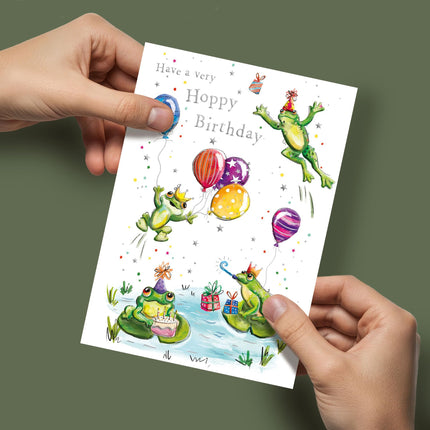 Birthday Card for Men, Women, Boys or Girls - Fun Frog Party Design - Embossed Gold Foil Finish - Hoppy Birthday Premium Greeting Card with Envelope
