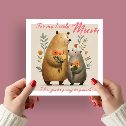 Card for Lovely Mum - Cute Bears & Flowers Design - Premium Greeting Card with Envelope - Blank Inside - Suitable for Birthday or Mother's Day - Eco-Friendly & Recyclable