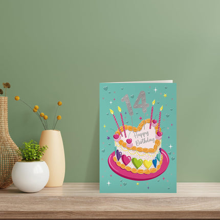 14th Birthday Card for Girls, Cake & Hearts Design