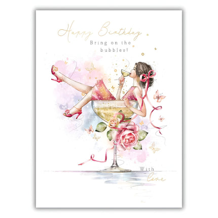 Female Birthday Card - Happy Birthday Card for Women with Artistic 'Bring on the Bubbles' Champagne and Roses Design and an Embossed Foil Finish