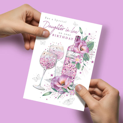 Birthday Card for Daughter-In-Law - Pretty Floral Wine Design - Premium Greeting Card with Envelope