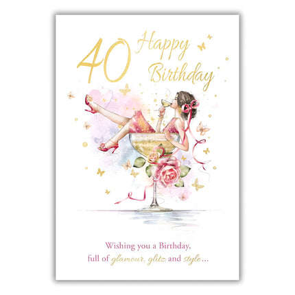 40th Birthday Card for Women - Stylish Floral Champagne Glass Design - Foil Finish - Age 40 Birthday Greeting Card for Her