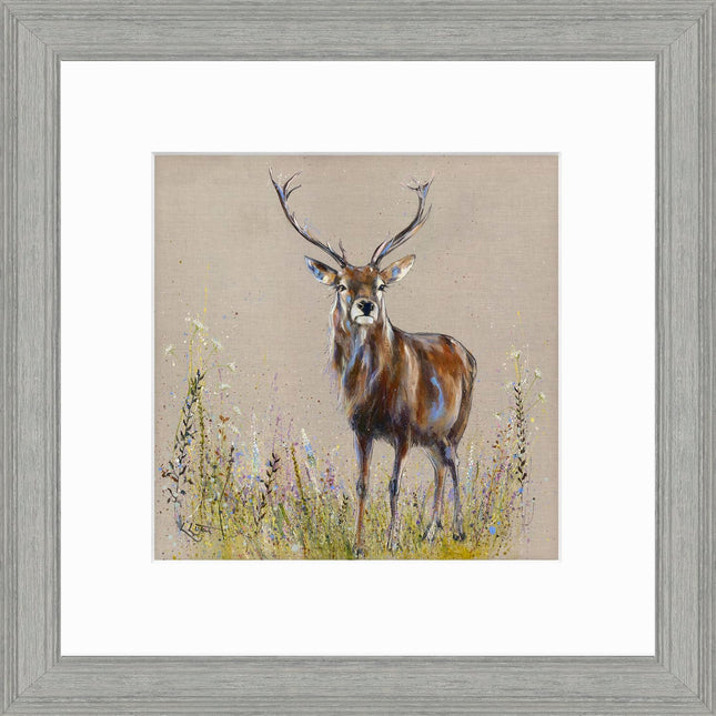 Stag and Wildflowers Framed Print Wall Art - Animal Themed Home Decor - Louise Luton Artwork - Ready to Hang 'Greyson' Painting - 35 x 35cm
