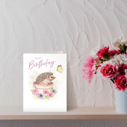 Birthday Card for Her - Cute Hedgehog & Butterfly with 3D Embellishments & Foil Finish, Eco-Friendly & Made in the UK