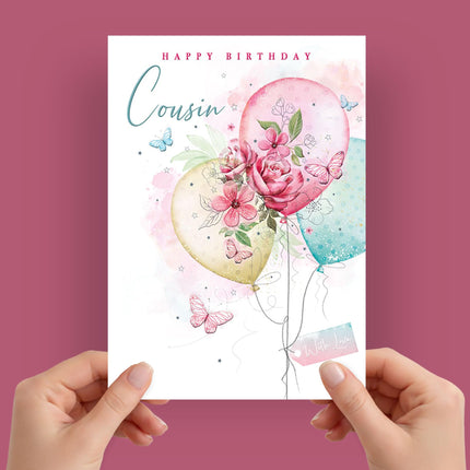 Birthday Card for Cousin - Elegant Floral Balloons Design with Embossed Foil Finish, Eco-Friendly & Made in the UK