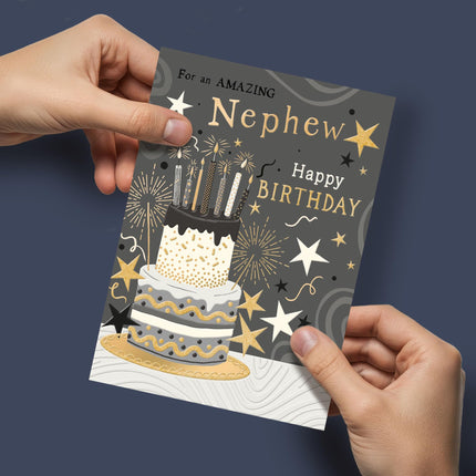 Birthday Card for Nephew - Modern Cake & Stars Design - Embossed Gold Foil Finish - Premium Greeting Card with Envelope