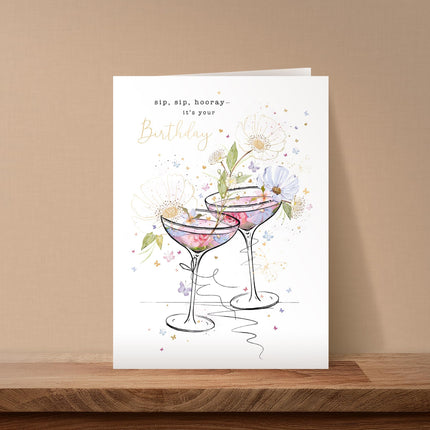 Birthday Card for Women - Pretty Floral Cocktail Design - Embossed Gold Foil Finish - Premium Greeting Card with Envelope