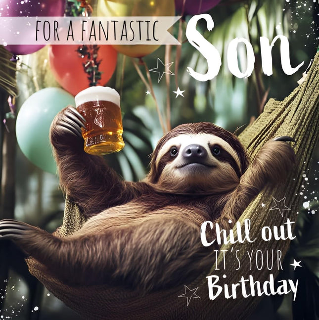Birthday Card for Son – Sloth & Beer 'Chill Out' Design
