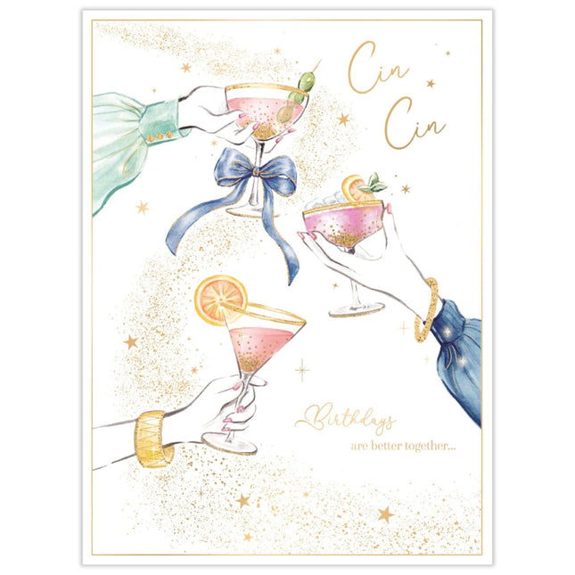 Birthday Card for Women - Pretty Cocktails Design - 'Cin Cin' - Embossed Gold Foil Finish - Premium Gamorous Birthday Greeting Card with Envelope for Her