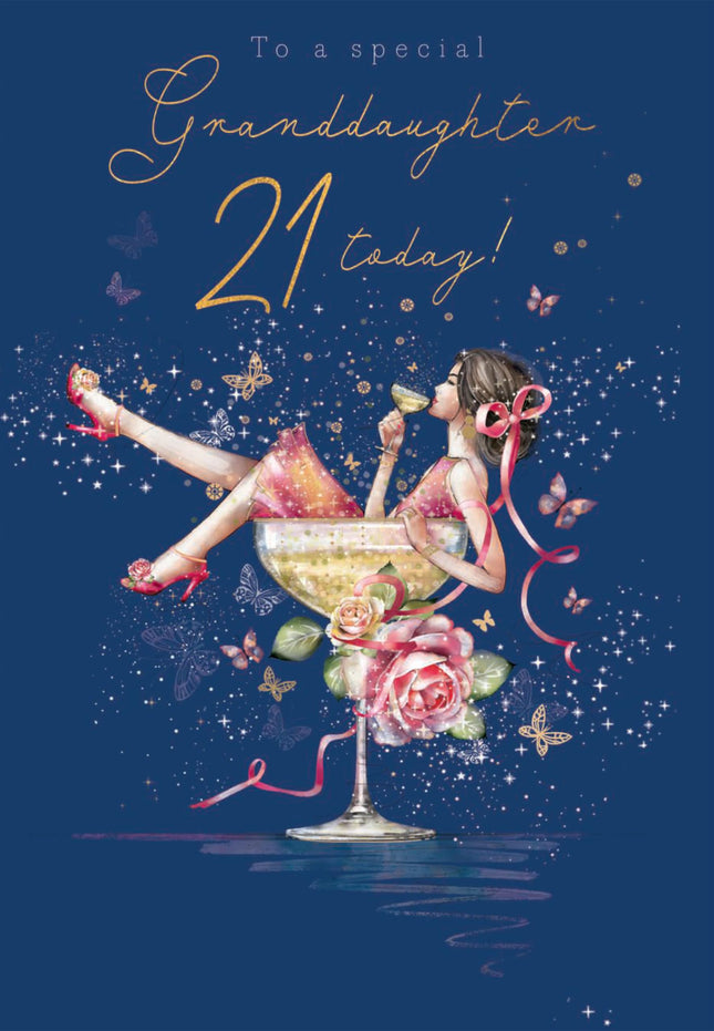 21st Birthday Card for Granddaughter - Age 21 Pretty Floral Cocktail Design - Premium Greeting Card with Envelope