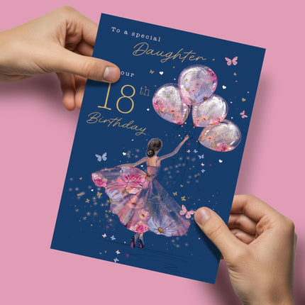 18th Birthday Card for Daughter - Age 18 Elegant Girl & Floral Balloons Design - Premium Greeting Card with Envelope