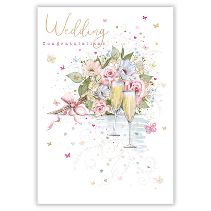 Wedding Day Card - Floral Bouquet & Champagne Glasses Design - Wedding Congratulations Card for Friends or Family - Embossed Foil Finish