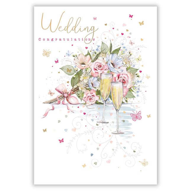 Wedding Day Card - Floral Bouquet & Champagne Glasses Design - Wedding Congratulations Card for Friends or Family - Embossed Foil Finish