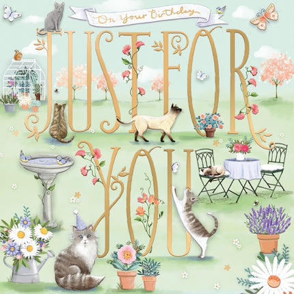 Birthday Card for Women - Cute Cats & Floral Garden Design - Embossed Gold Foil Finish - Premium Greeting Card with Envelope - Just For You