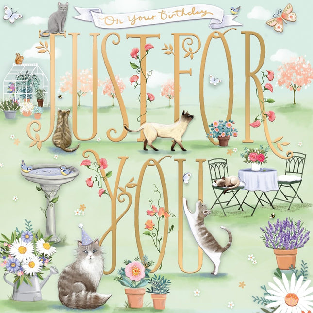 Birthday Card for Women - Cute Cats & Floral Garden Design - Embossed Gold Foil Finish - Premium Greeting Card with Envelope - Just For You