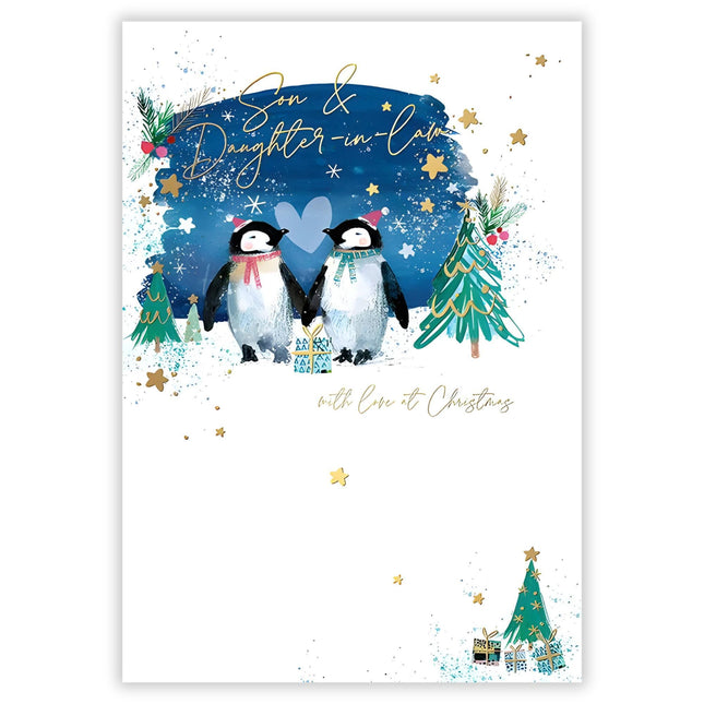 Son & Daughter-in-Law Christmas Card - With Love Penguins and Stars - Artistic Festive Design - Special Finish - Made in the UK - Eco-Friendly