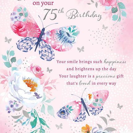 Special Mum 75th Birthday Card - Happy Birthday Card Age 75 with Sentimental Verse and Artistic Feminine Floral Butterfly Design - Birthday Card for Women