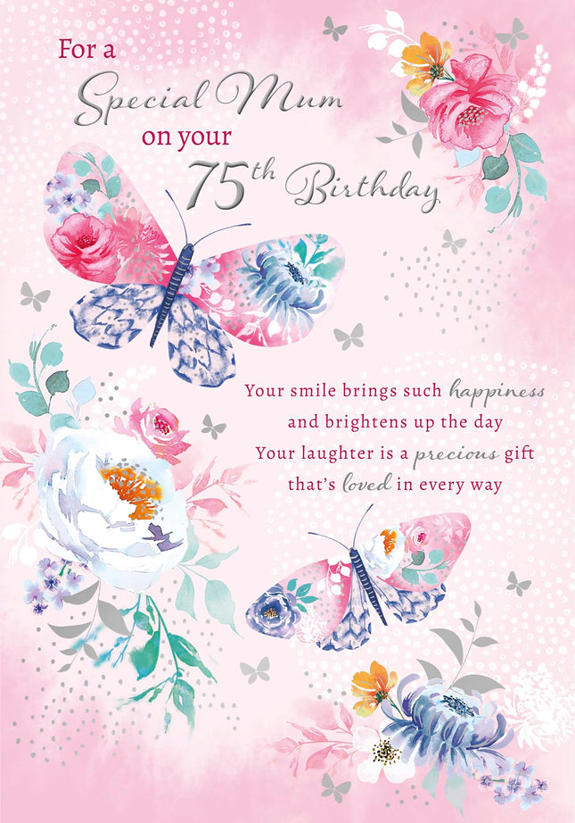 Special Mum 75th Birthday Card - Happy Birthday Card Age 75 with Sentimental Verse and Artistic Feminine Floral Butterfly Design - Birthday Card for Women