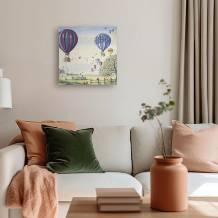 Rabbits & Hot Air Balloons Canvas Wall Art - Artistic 'Bunny Balance' by Catherine Stephenson - Countryside Themed Artwork - Ready to Hang Quirky Home Décor - 30 x 30cm