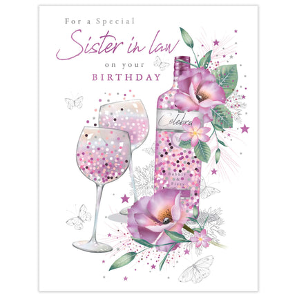 Birthday Card for Sister-In-Law - Pretty Floral Wine Design - Premium Greeting Card with Envelope