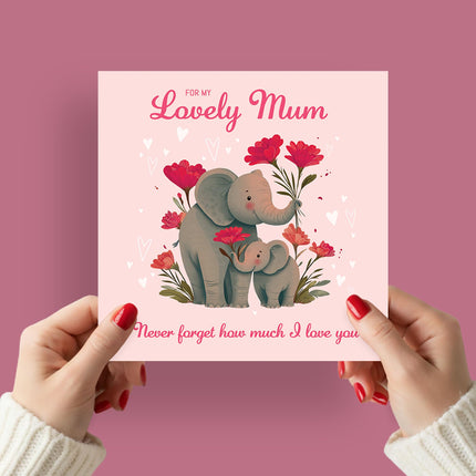 Card for Lovely Mum - Cute Elephants & Flowers Design - Premium Greeting Card with Envelope - Blank Inside - Suitable for Birthday or Mother's Day - Eco-Friendly & Recyclable