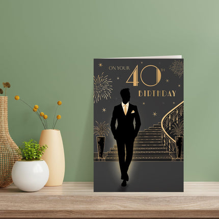 40th Birthday Card for Him - Stylish Art Deco Design with Foil Finish & Illustrated Insert Leaf, Eco-Friendly & Made in the UK