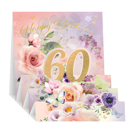 Female Pop up 60th Birthday Card - Happy Birthday Card Age 60 with Artistic Floral Butterfly Design and an Embossed Foil Finish - Birthday Card for Women