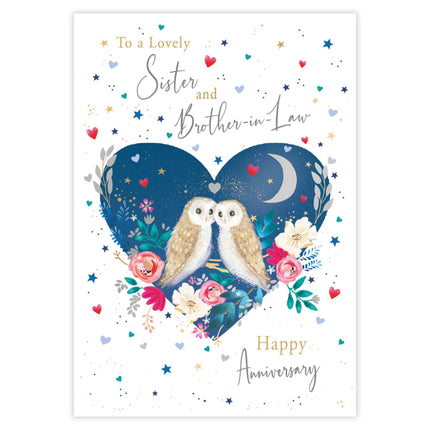 Happy Anniversary Card - For Sister & Brother-in-Law - Owls in a Floral Love Heart Design - 9 x 6 - Premium Quality Special Anniversary Greeting Card with Envelope