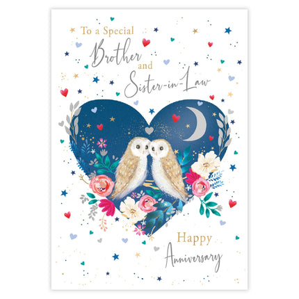 Happy Anniversary Card - For Brother & Sister-in-Law - Owls in a Floral Love Heart Design - 9 x 6 - Premium Quality Special Anniversary Greeting Card with Envelope