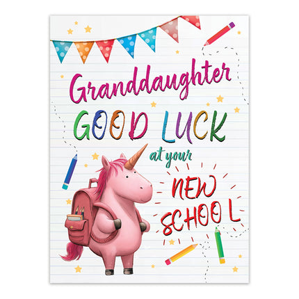 Good Luck at Your New School Card for Granddaughter - Cute Unicorn Design - Premium Greeting Card with Envelope - Eco-Friendly & Recyclable
