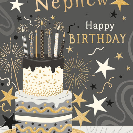 Birthday Card for Nephew - Modern Cake & Stars Design - Embossed Gold Foil Finish - Premium Greeting Card with Envelope