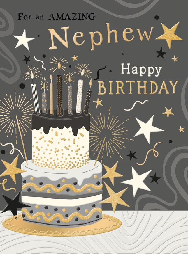 Birthday Card for Nephew - Modern Cake & Stars Design - Embossed Gold Foil Finish - Premium Greeting Card with Envelope