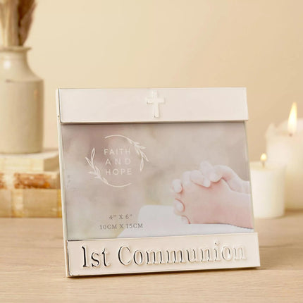 Widdop & Co. First Communion 6x4'' Photo Frame - Religious Keepsake Silver Plated Picture Frame - Christening & Communion Gift for Boys and Girls