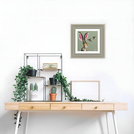 Artistic Hare & Hummingbirds Framed Print Wall Art - 'Strawberry Shortcake' by Quinn Russell - Wildlife Themed Artwork - Ready to Hang Home Décor - 39cm x 39cm