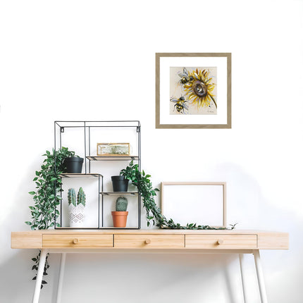 Sunflower and Bee Framed Print Wall Art - Ready to Hang Contemporary Floral Themed Home Decor - 'Busy Bees' Painting by Ashley Saunders - 26 x 26cm Framed Picture