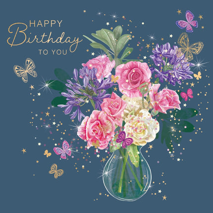 Birthday Card for Women - Pretty Flower Bouquet & Butterflies Design - Gold Foil Finish - Premium Greeting Card with Envelope