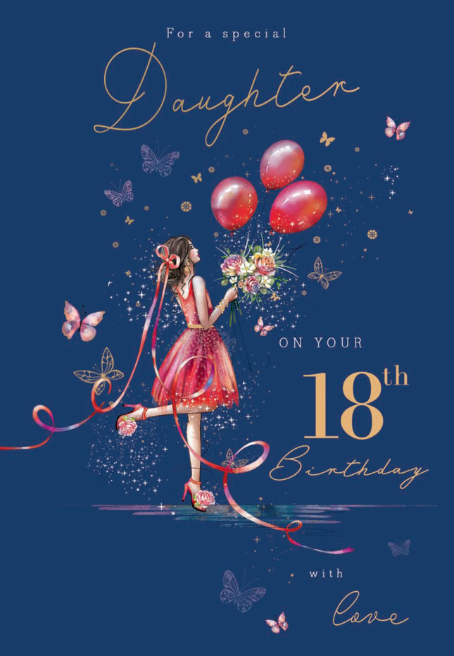 18th Birthday Card for Daughter - Age 18 Elegant Girl & Floral Butterfly Design - Premium Greeting Card with Envelope
