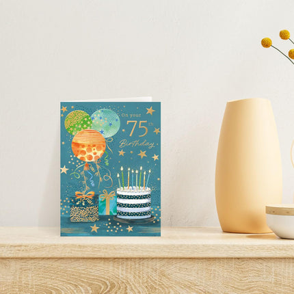 75th Birthday Card for Him - Cake & Balloons Design with Embossed Foil Finish, Eco-Friendly & Made in the UK